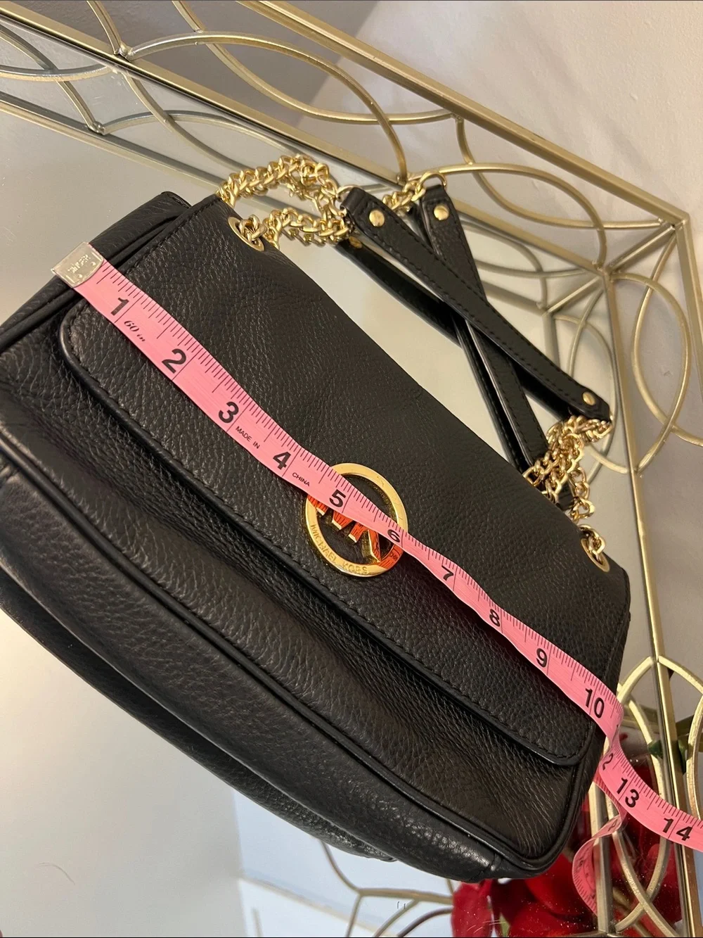 Michael Kors Fulton Flap Black Pebbled Leather Shoulder Bag with Gold Chain